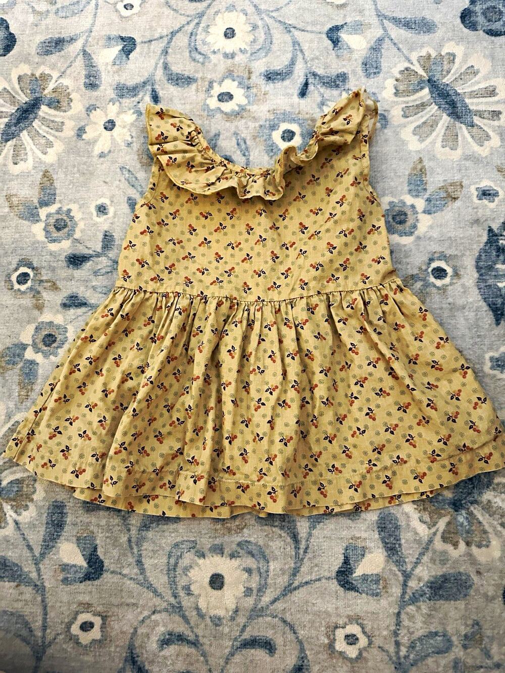 Mustard Pie Girls Beige Floral Sleeveless A-Line Dress 6 Button Ruffle Cotton